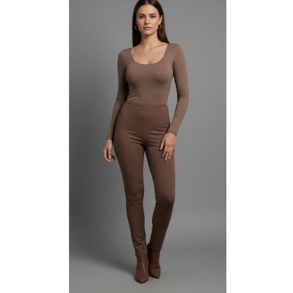 Babaton Brown Contour Thong-Cut Bottom Crew Neck Long Sleeve Bodysuit Size XS